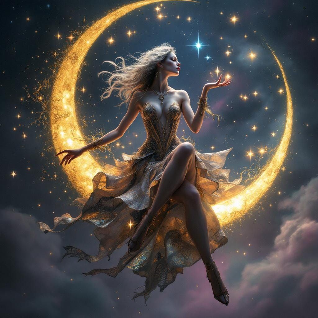 Celestial Enchantress on Moon in Gothic Fantasy Portrait