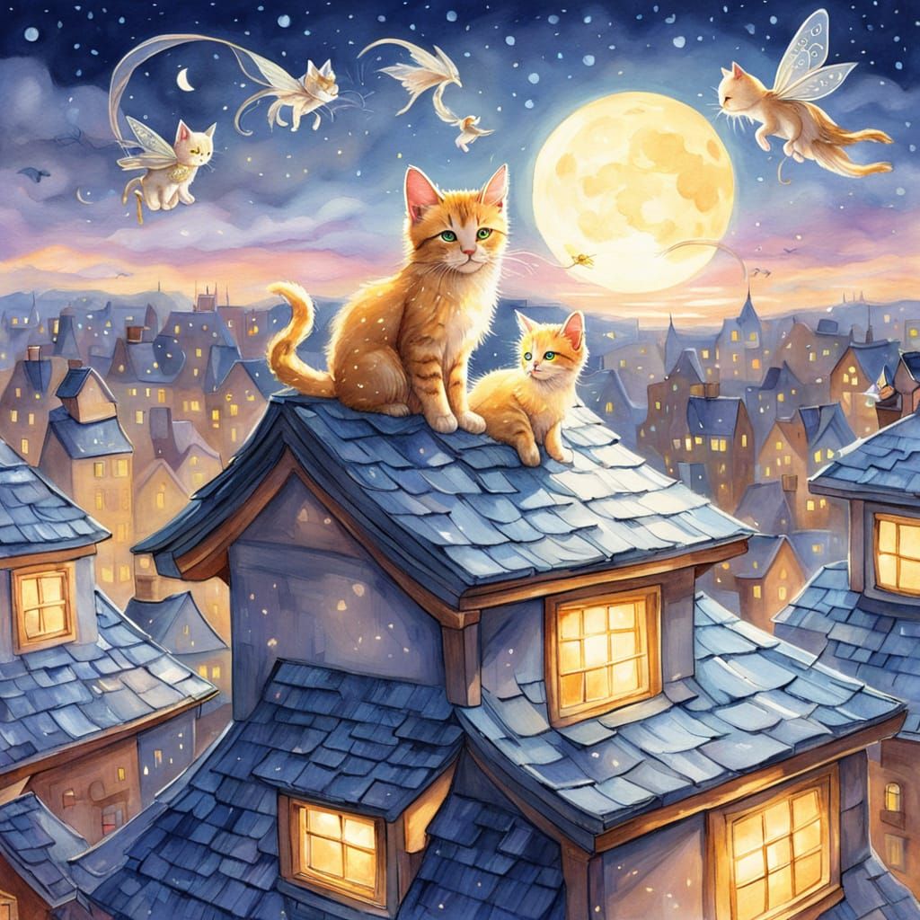 Cat Fairy Visits Kittens: Watercolor Fantasy Illustration