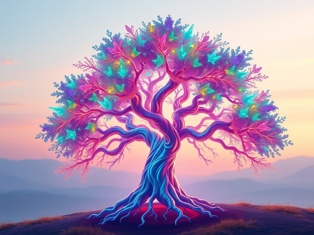 Ethereal Fantasy Tree in Vibrant Iridescent Hues