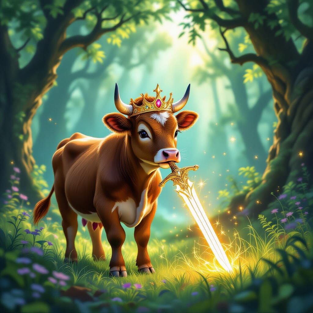 Cow Child Crowned King Grasps Magic Sword in Forest