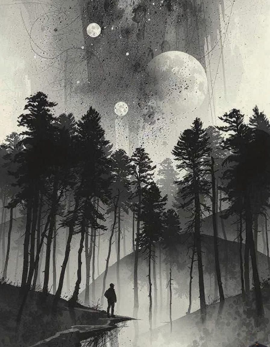 Cosmic Forest in Vibrant Ink Splatter Style