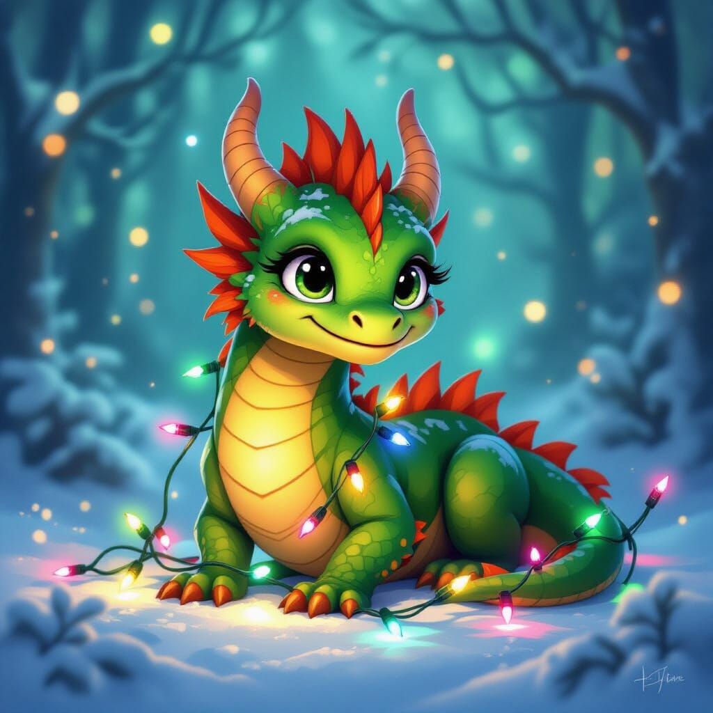 Whimsical Dragon Entangled in Twinkling Christmas Lights
