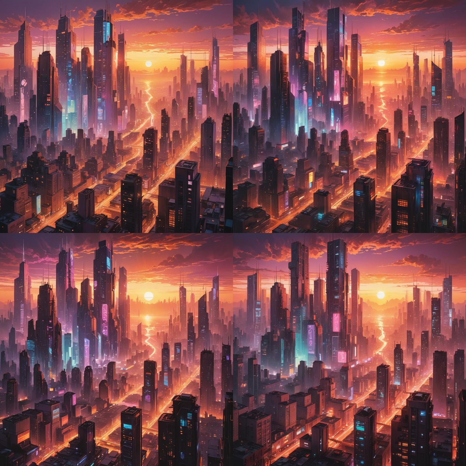 Cyberpunk Cityscape at Sunset with Neon Reflections