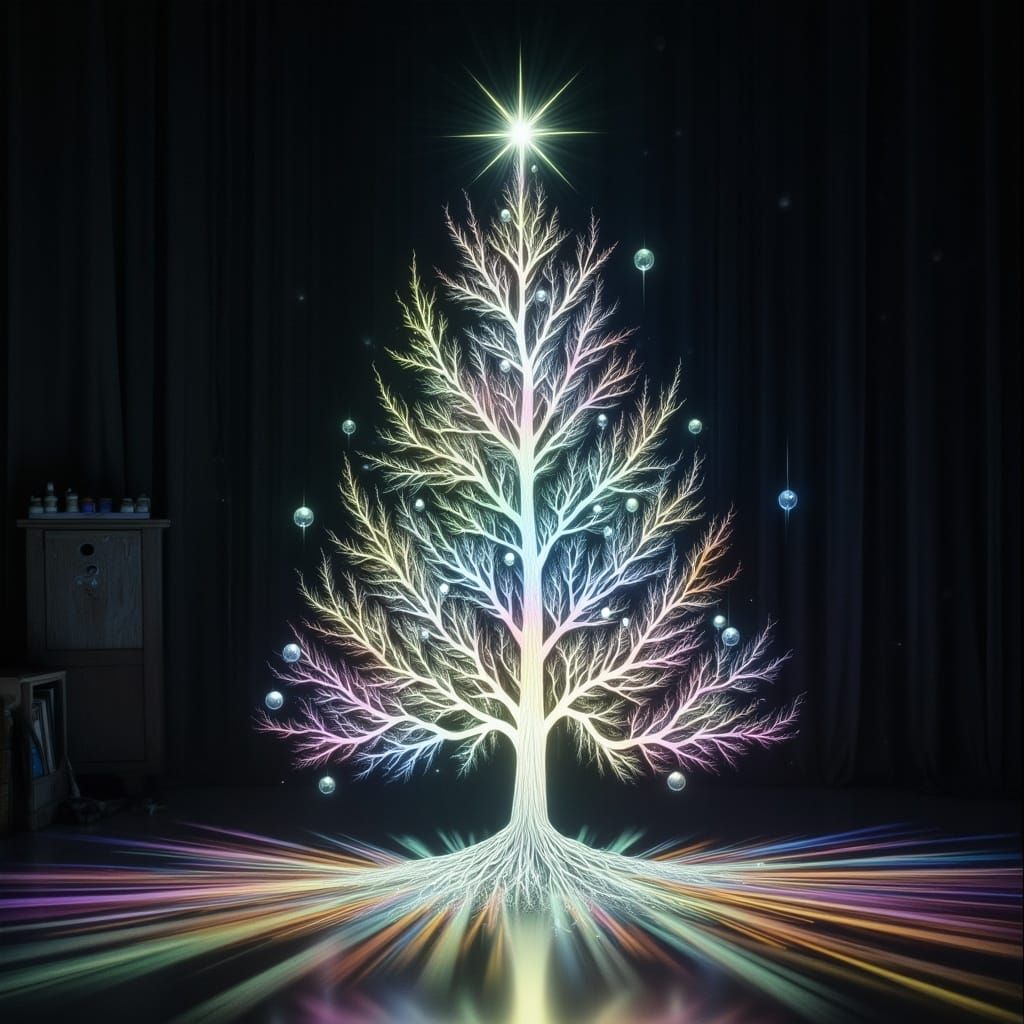 <lora:Rainbow Forest  2:1.0> Hologram  projected Christmas T...