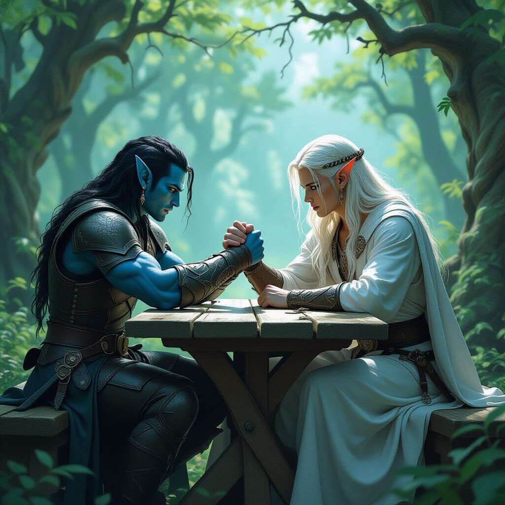 Elves Arm Wrestling in Mystical Forest, Fantasy Art