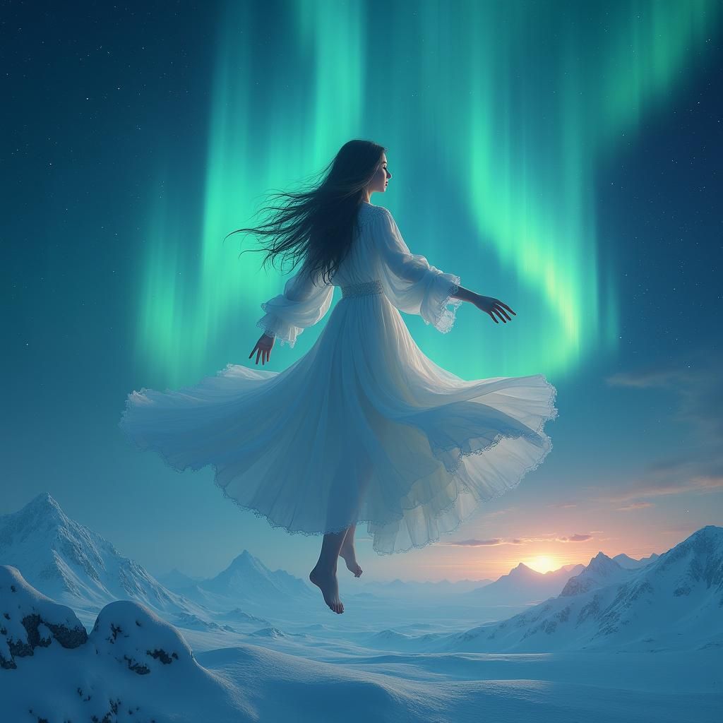 Mystical Girl Hovering Under Aurora Borealis: Matte Painting