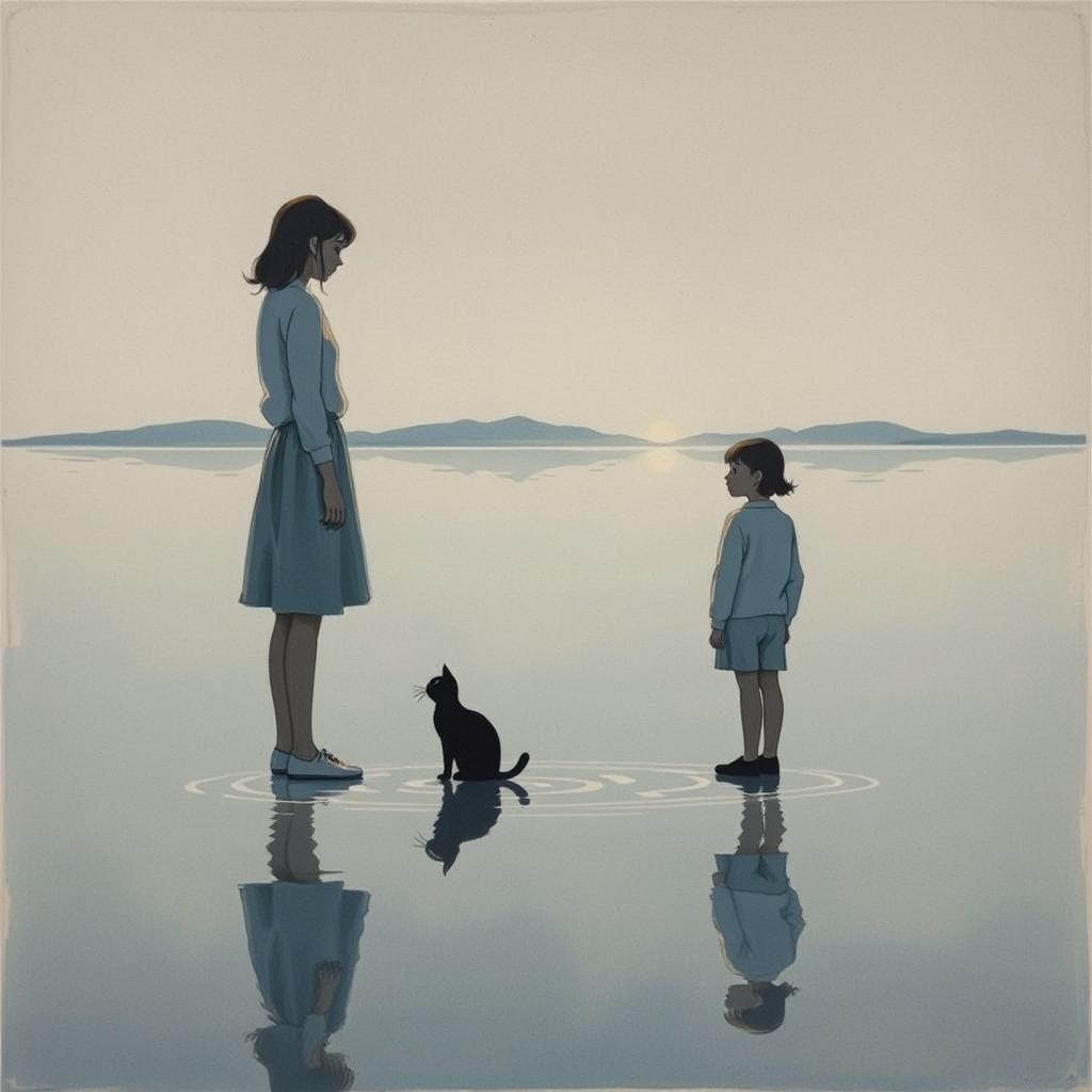 Minimalist Drawing: Girl and Cat Reflection