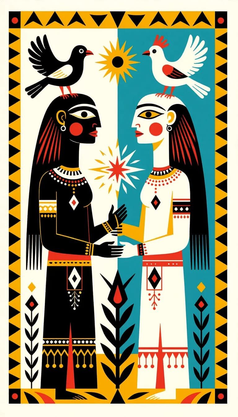 Mystical Folk Art: Duality Figures Holding Star Symbol