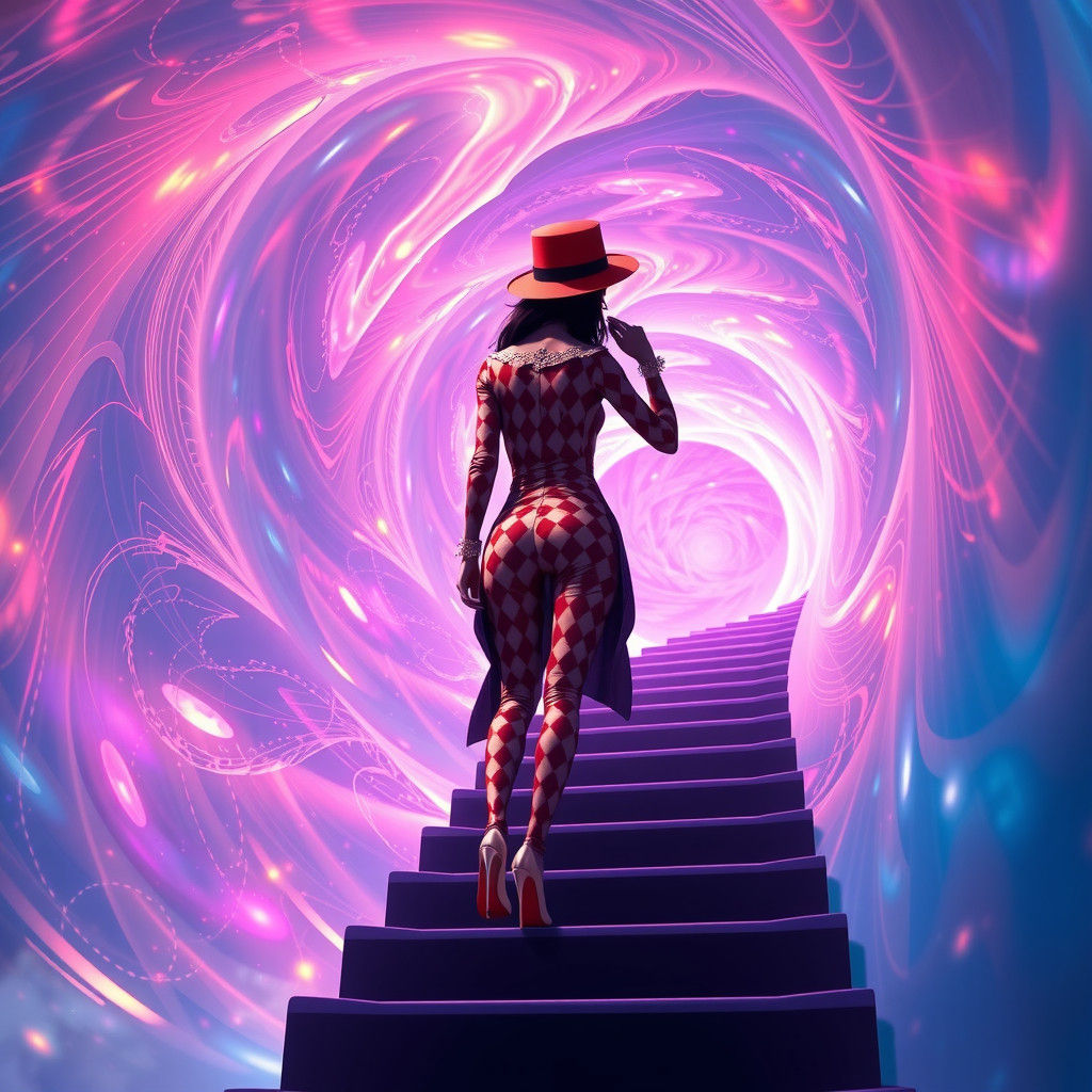 Harlequin Ascends Stairway to Grotesque Disturbance in 3D