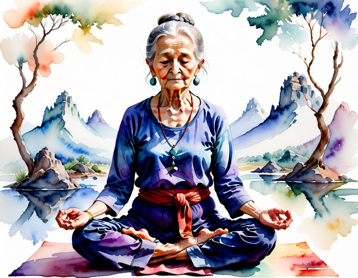 Watercolor Portrait of Elderly Woman Meditating