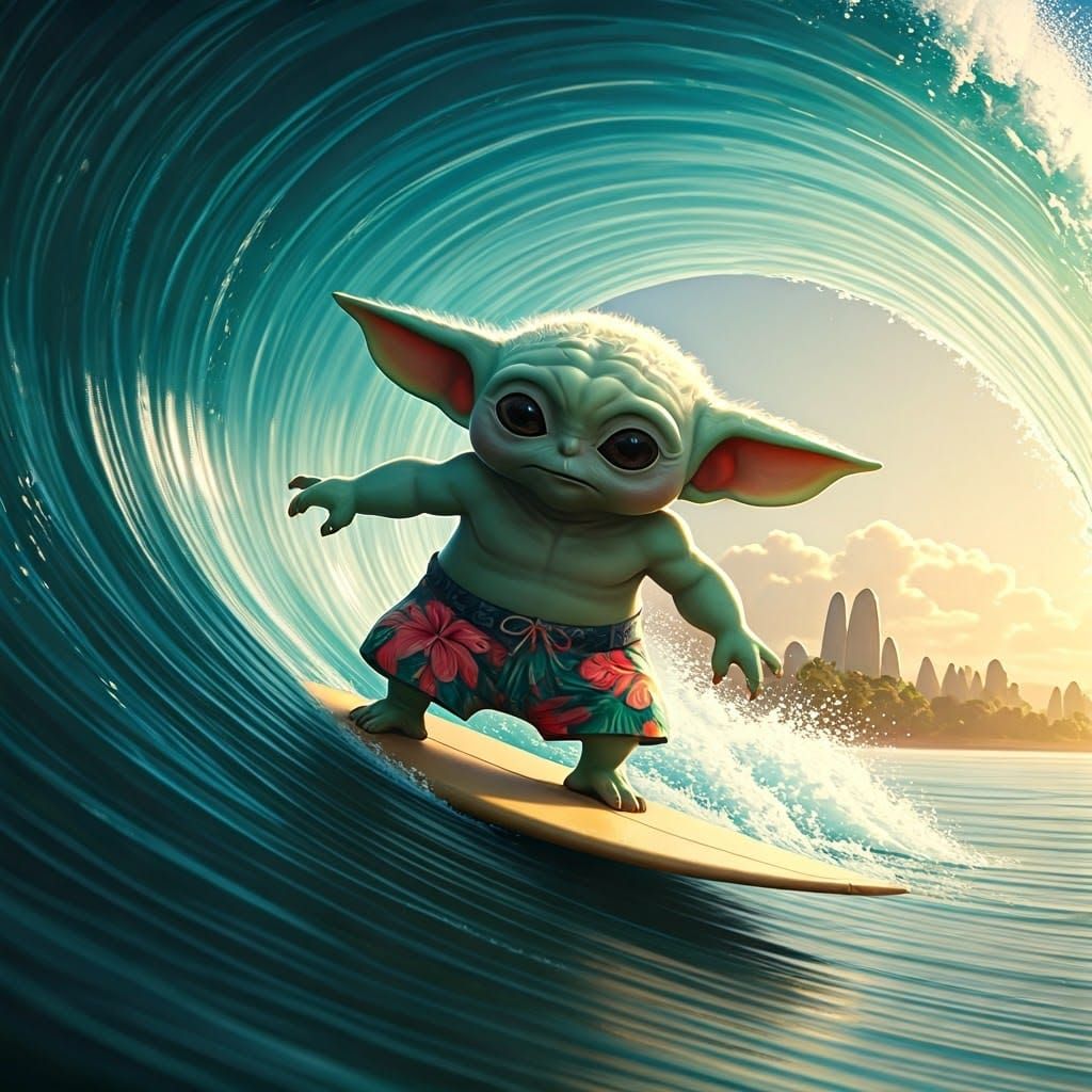 Grogu Surfing a Wave in Hawaii