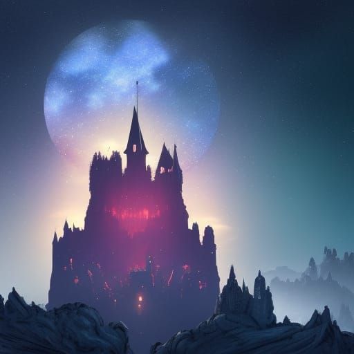 Castle Silhouette Against Starry Night Sky