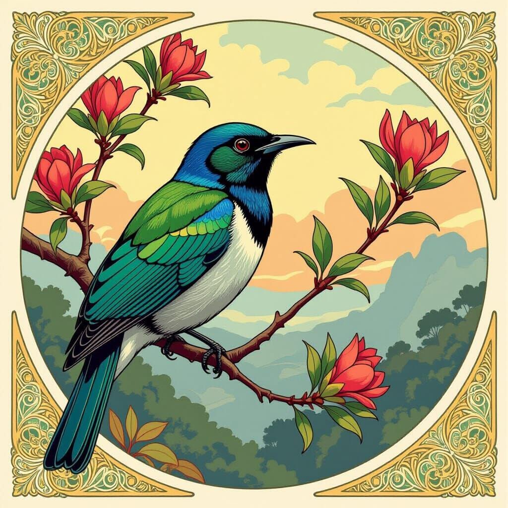 Majestic Tūī Bird in Art Nouveau Style