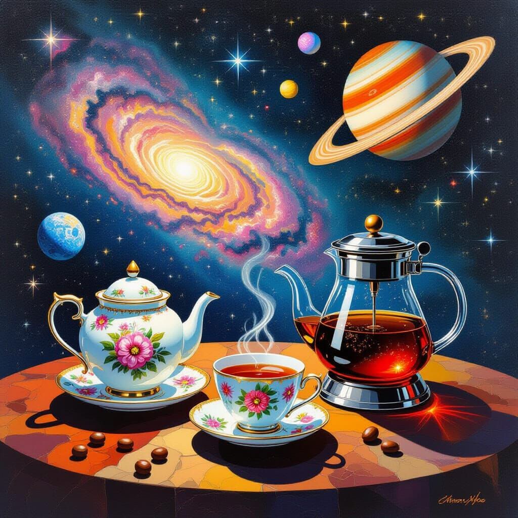 Gouache Painting of Space Tea and Coffee Set with Nebula