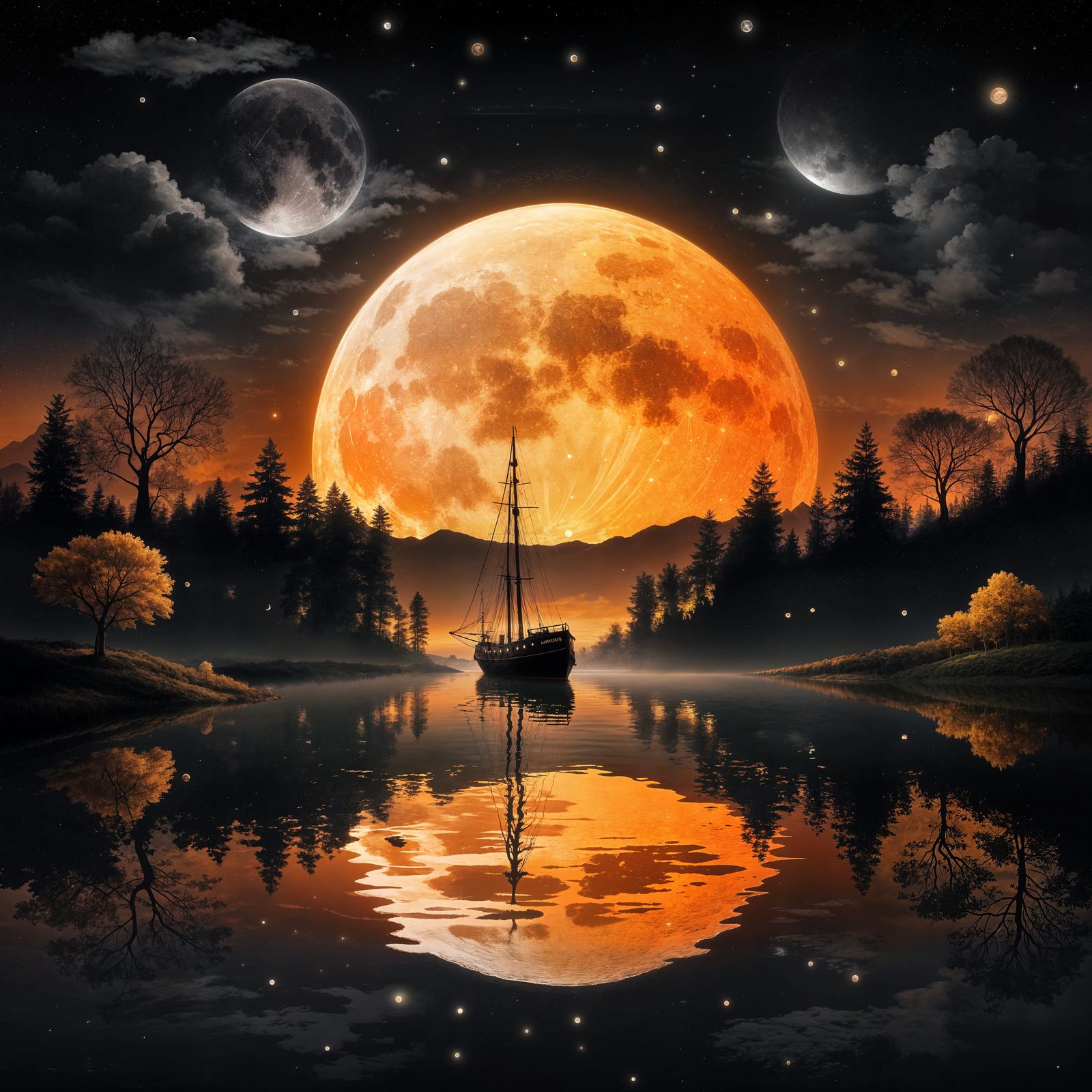 Night Landscape with Orange Moon and Luminous Ship