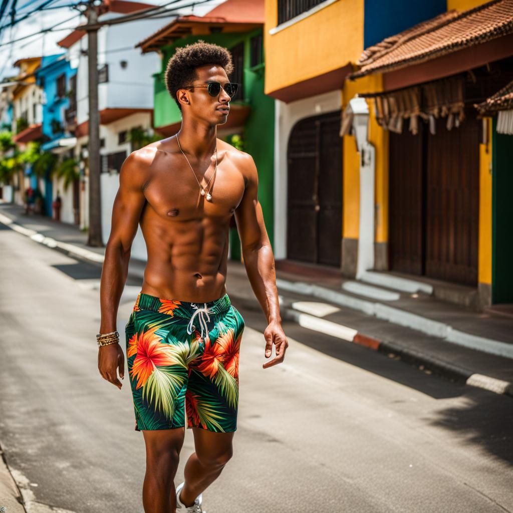 Shirtless Man Walks in Puerto Vallarta Panorama