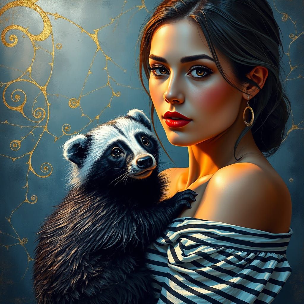 Woman in Dreamlike Atmosphere with Striped Top and Skunk