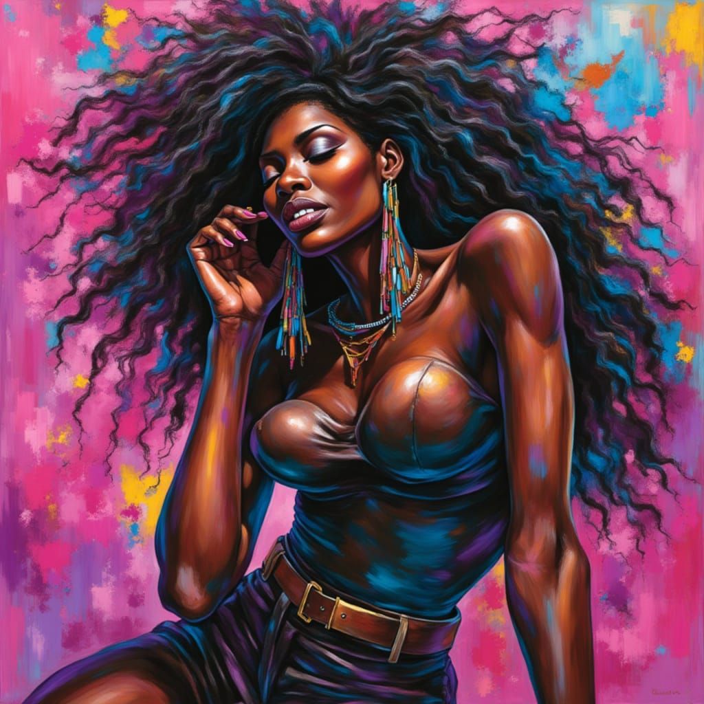 Digital Painting of a Black Woman with Neon Oil and Airbrush...