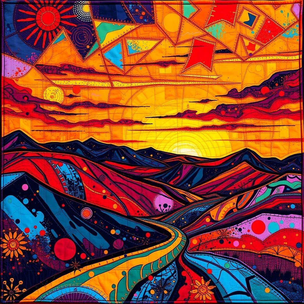 Vibrant Quilted Fabric Sunset in Abstract Street Art Style