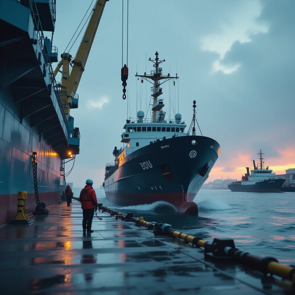 Dramatic Ship Docking in Cinematic Film Still