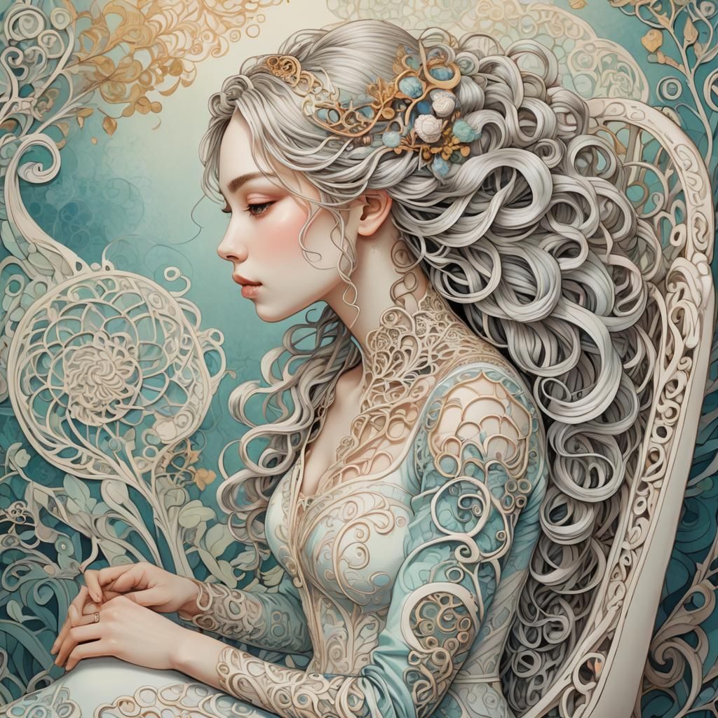 Zentangle Porcelain Woman in Dreamlike Digital Art