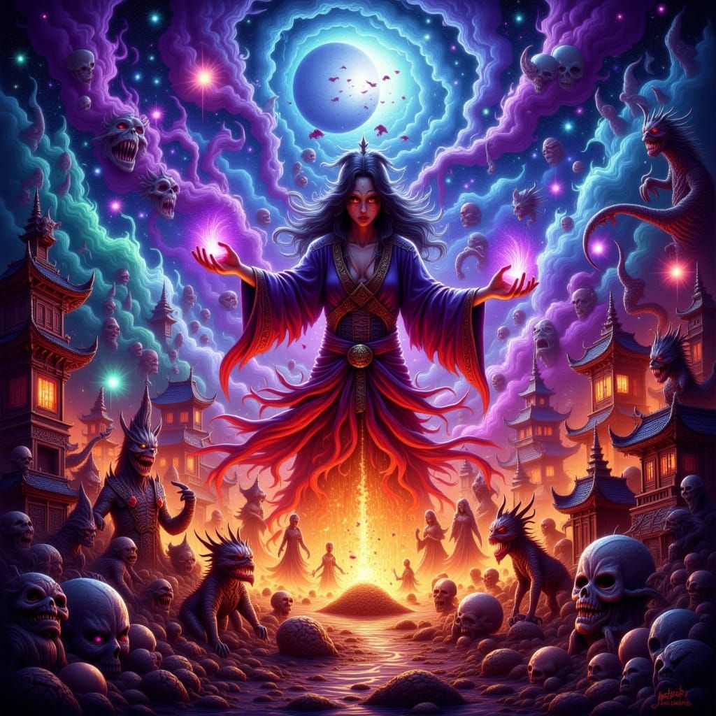 Vibrant Cosmic Spellcasting with Celestial Swirls