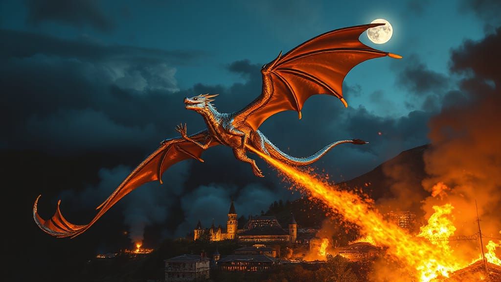 Chrome Dragon Soars Over Blazing Village at Night