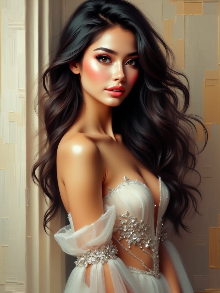 Stunning Asian Woman Posing in High-Fashion Painting