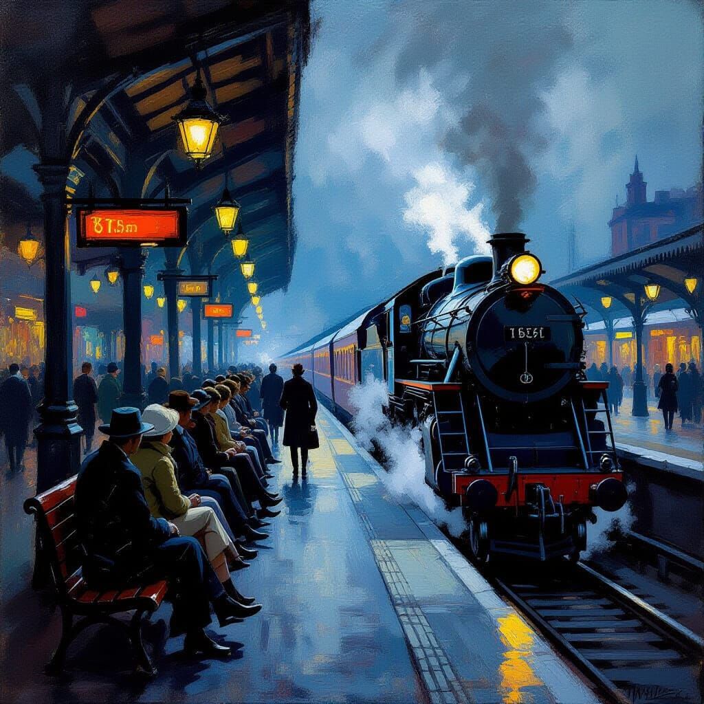 Impressionistic Oil Painting of Train Platform at Dusk