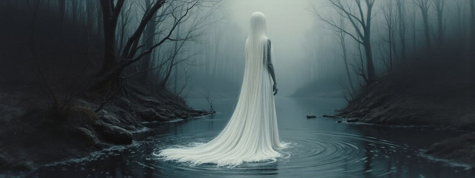 Lady of the Lake in Surreal Dark Landscape