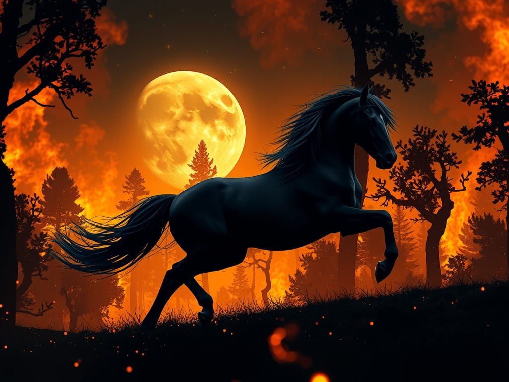 Ethereal Stallion Gallops Through Inferno Under Golden Moonl...