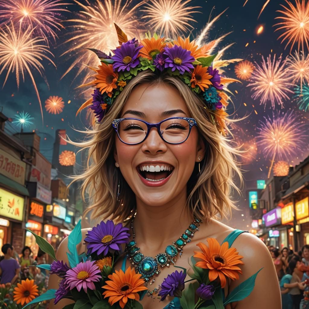 Laughing Woman with Flowers and Fireworks