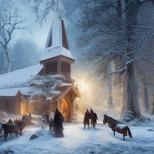 Winter Chapel in Snowy Woods, Digital Art