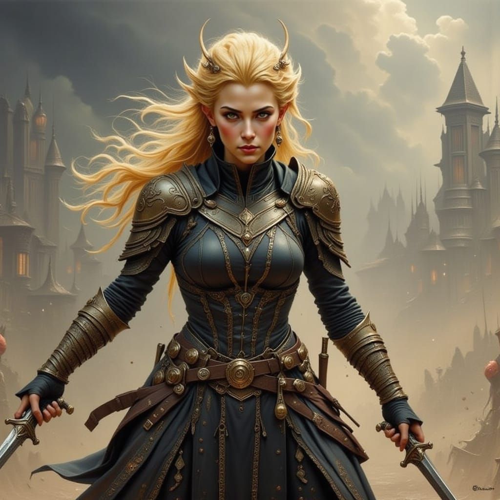 Warrior Woman with Golden Hair and Dancing Sword