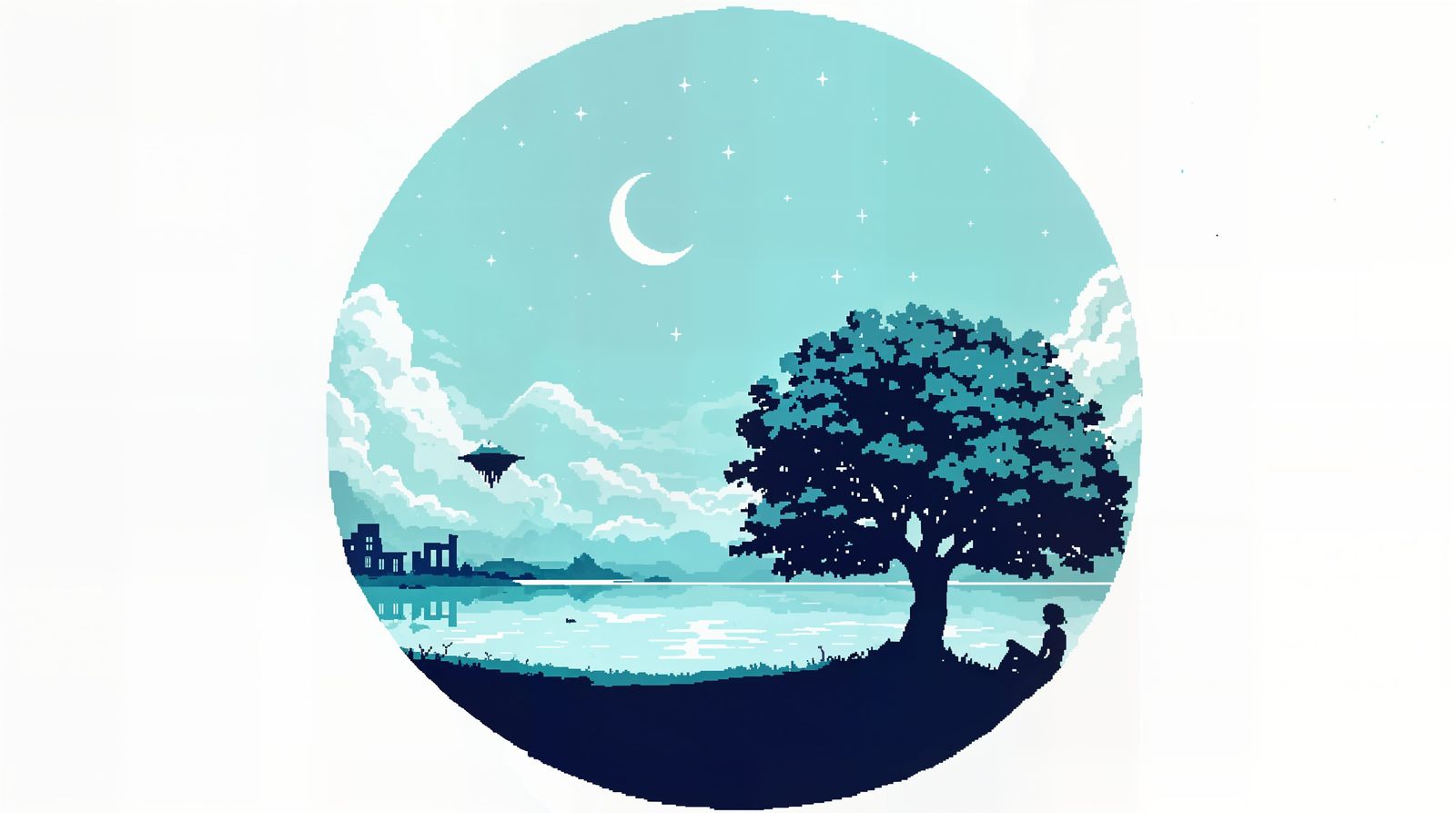 Dreamlike Pixel Art Night Scene Under Tranquil Teal Sky