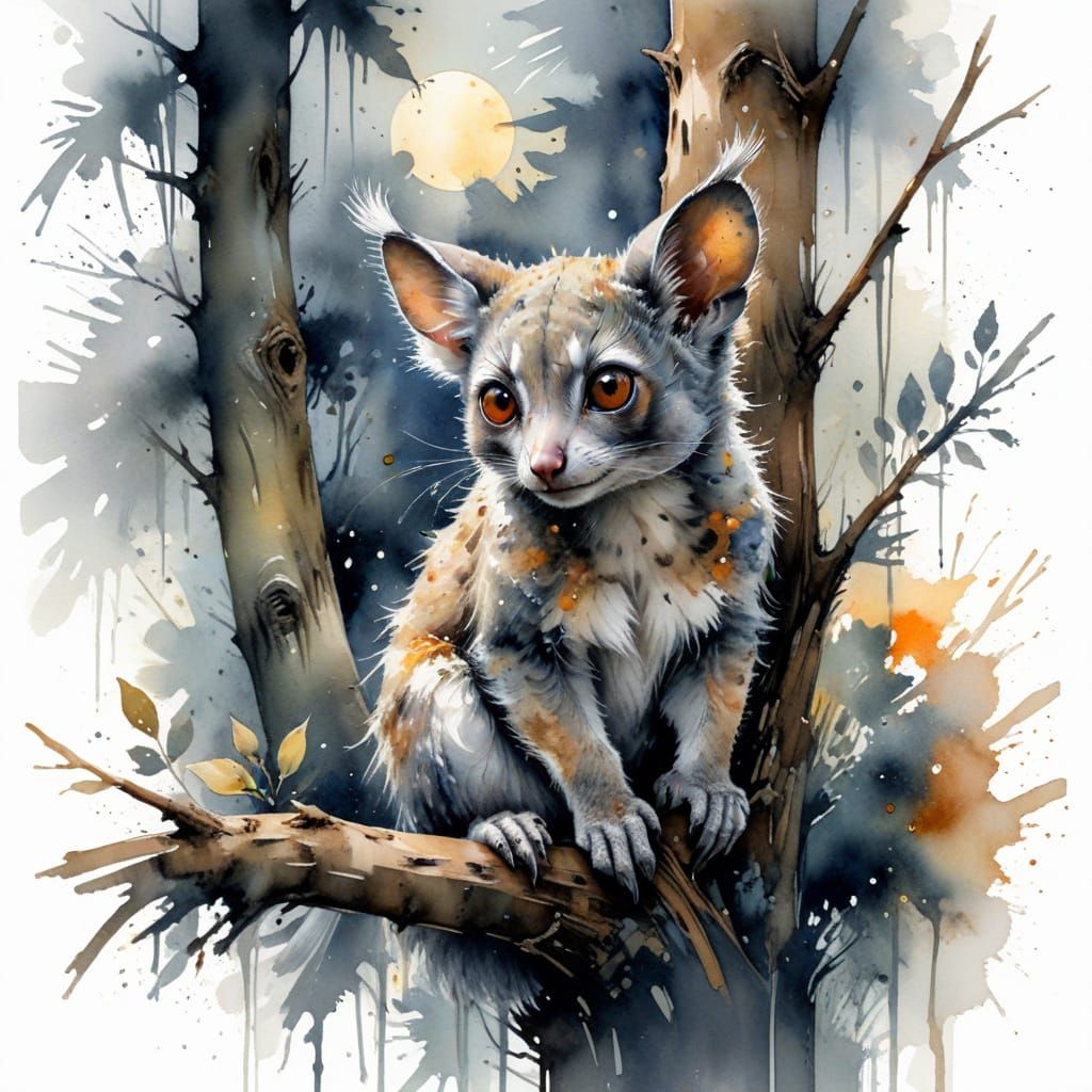 Bushbaby in Moonlight: Watercolour and Cinematic Style