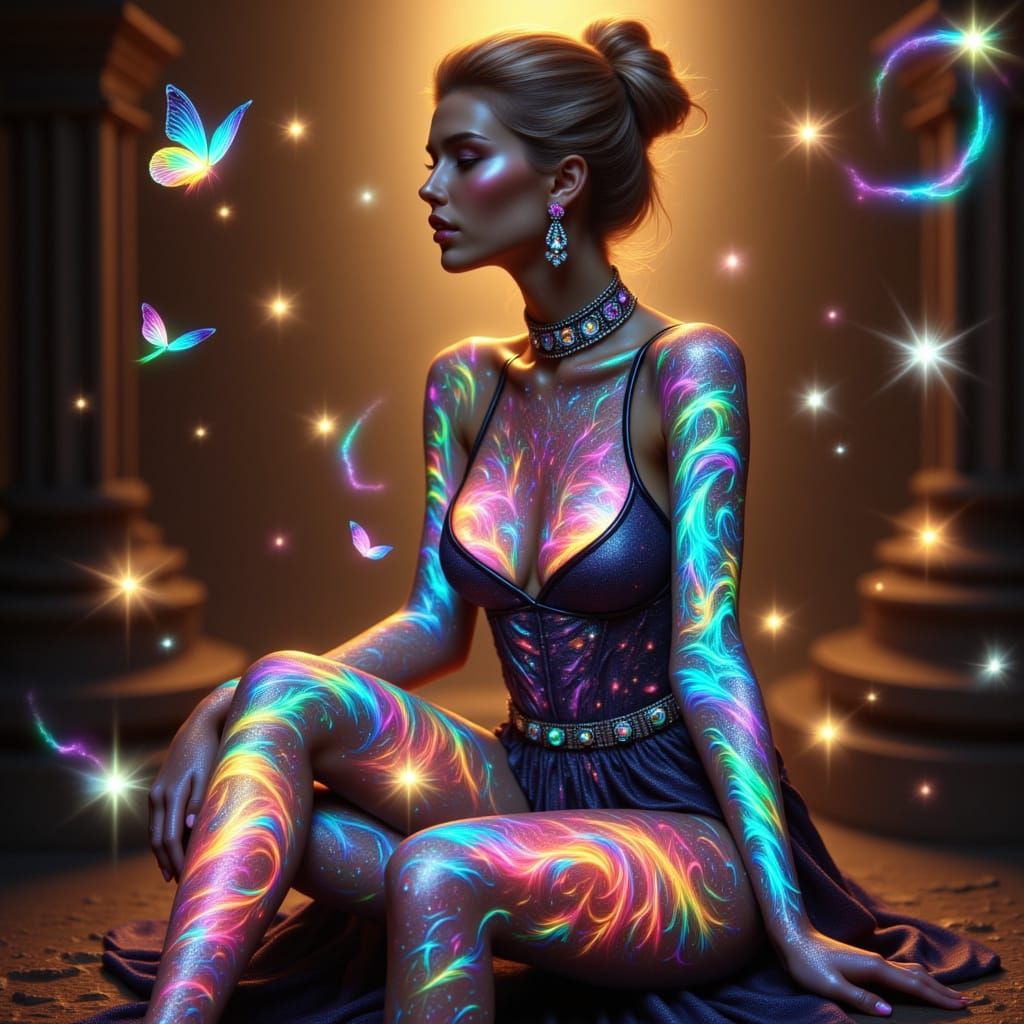 Serene Woman with Luminous Tribal Tattoos