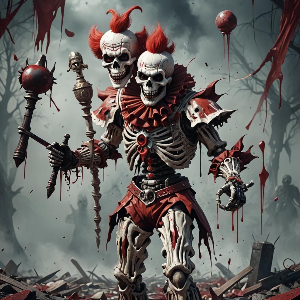 Demonic Skeleton Clown with Knife and Microphone