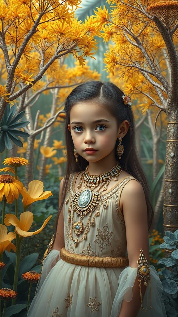 Girl in Whimsical Garden with Golden and Silver Trees
