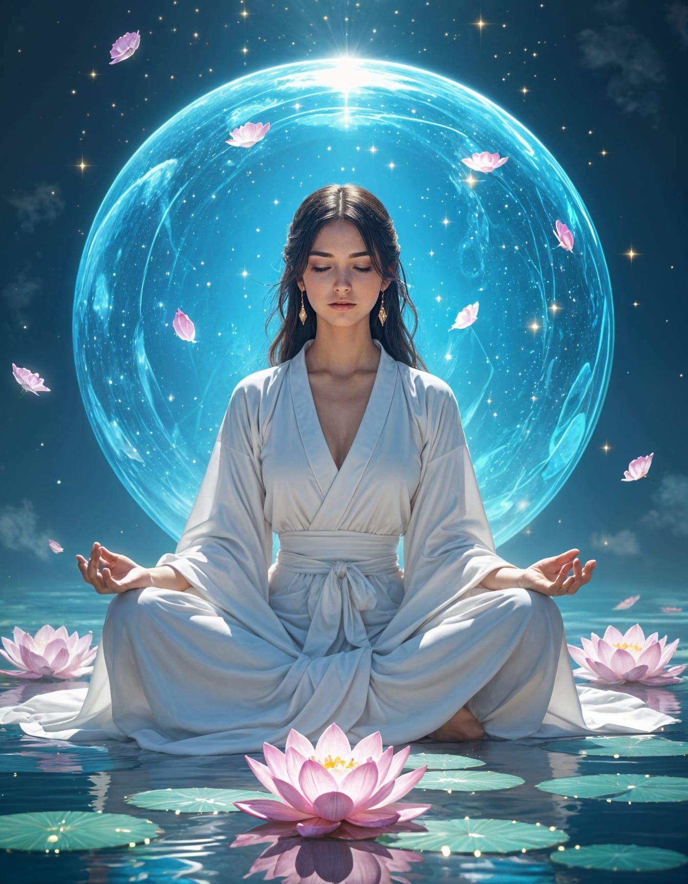 Meditating Woman in Luminous Blue Sphere of Light