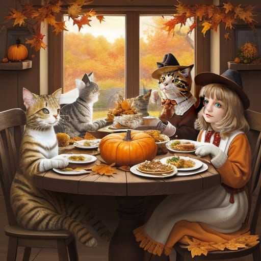 Cats Enjoying a Festive Thanksgiving Feast