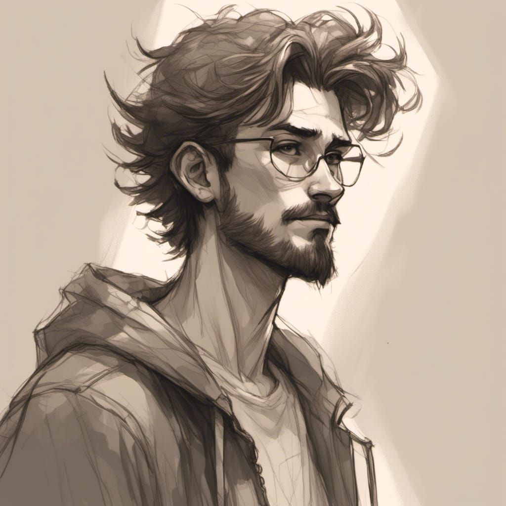 (Tall lanky guy) with (curly brown   
hair) an a(rounded nose 1.05) skinny pale with (unkempt shaggy beard)
1990s grunge...