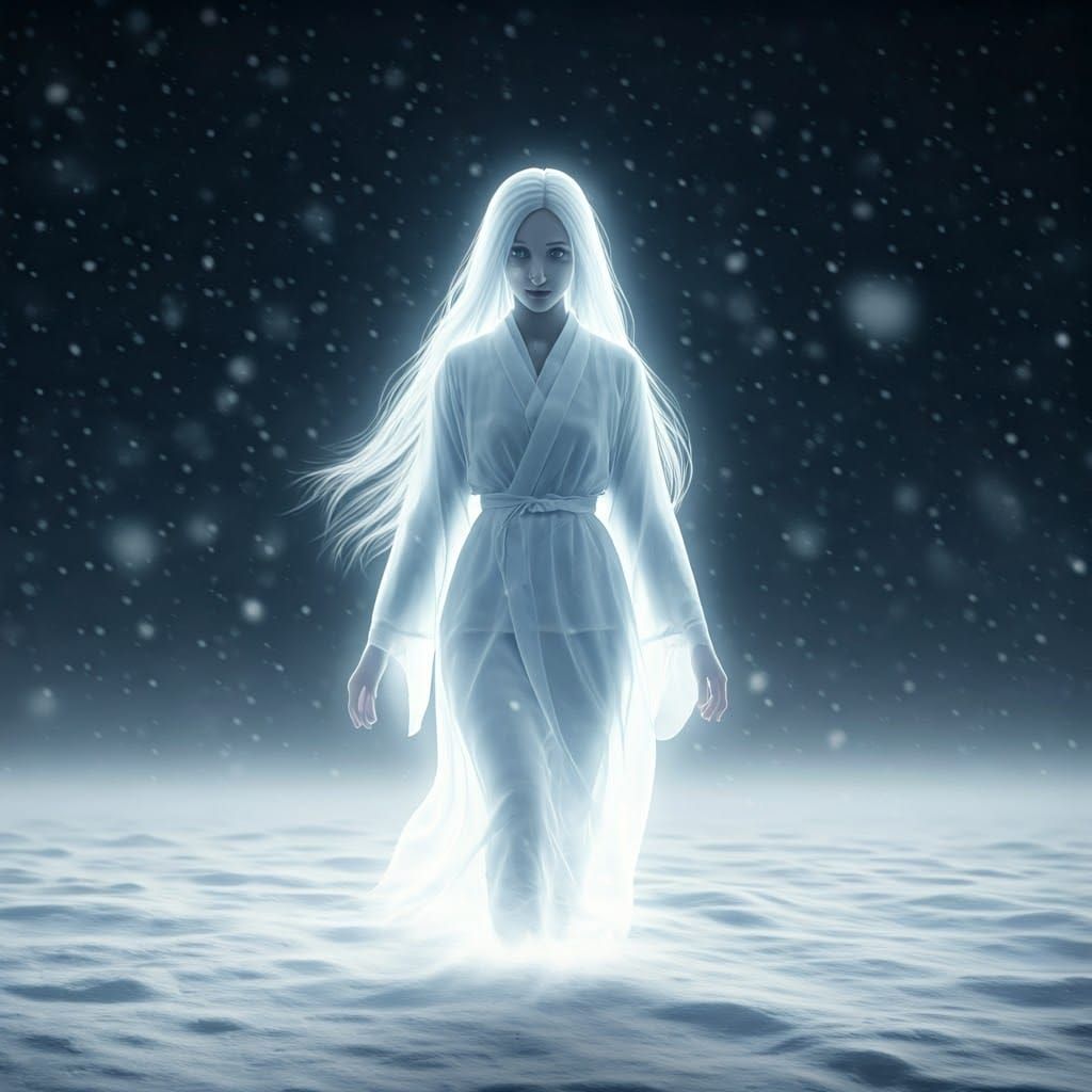 Eerie Ghost Portrait of Yuki Onna in Blizzard