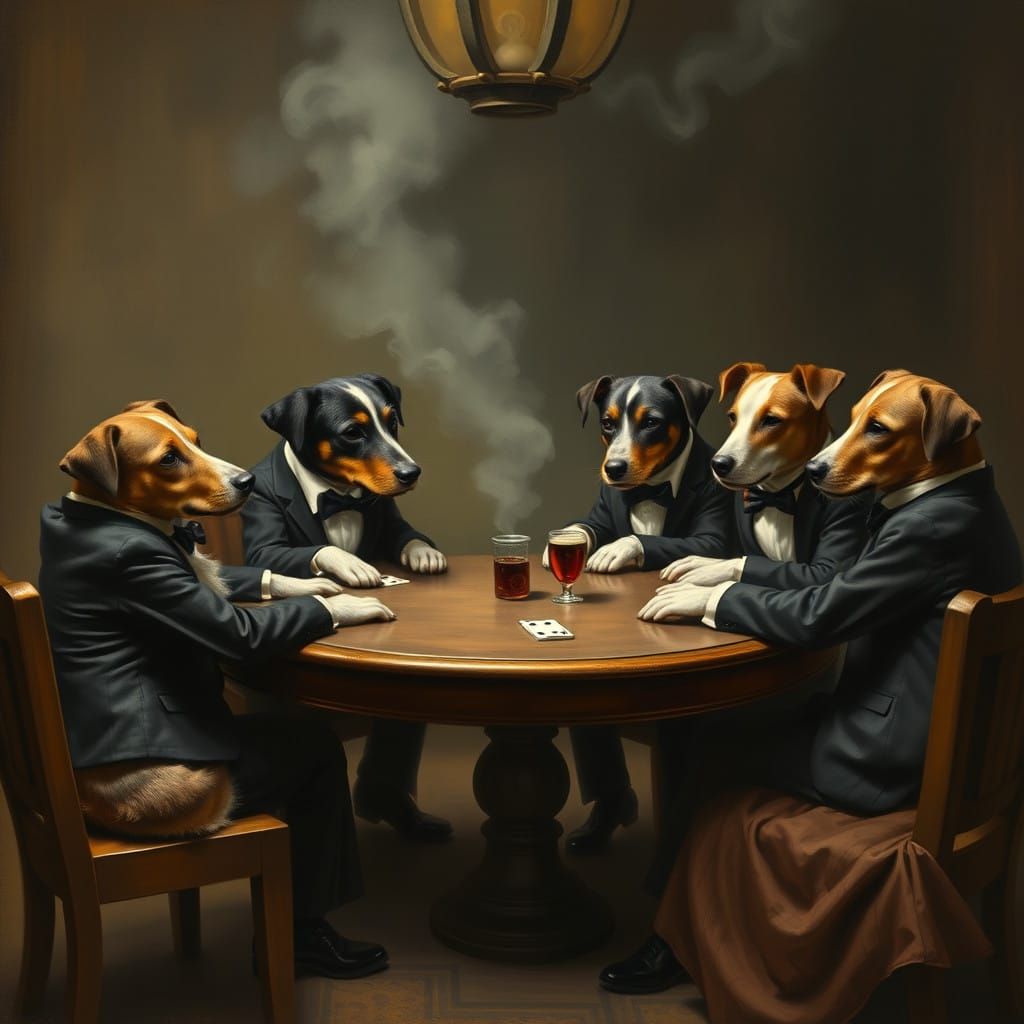 Anthropomorphic Dogs Play Poker in a Smoky Saloon