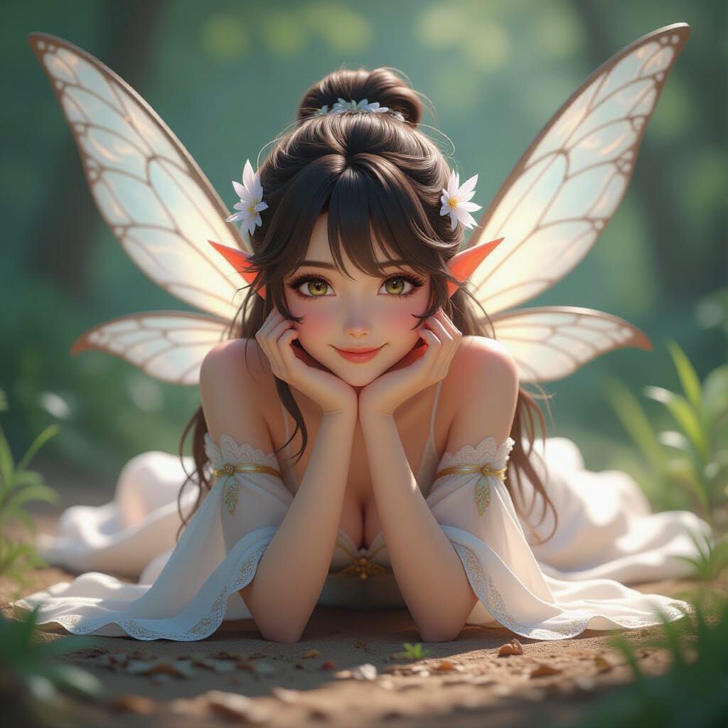 Anime Fairy Smiling Upward with Transparent Wings