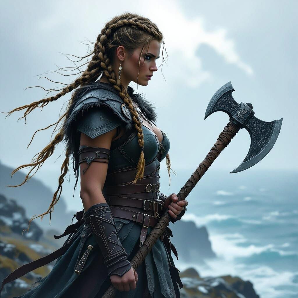 Viking Warrior Woman on Windswept Cliff