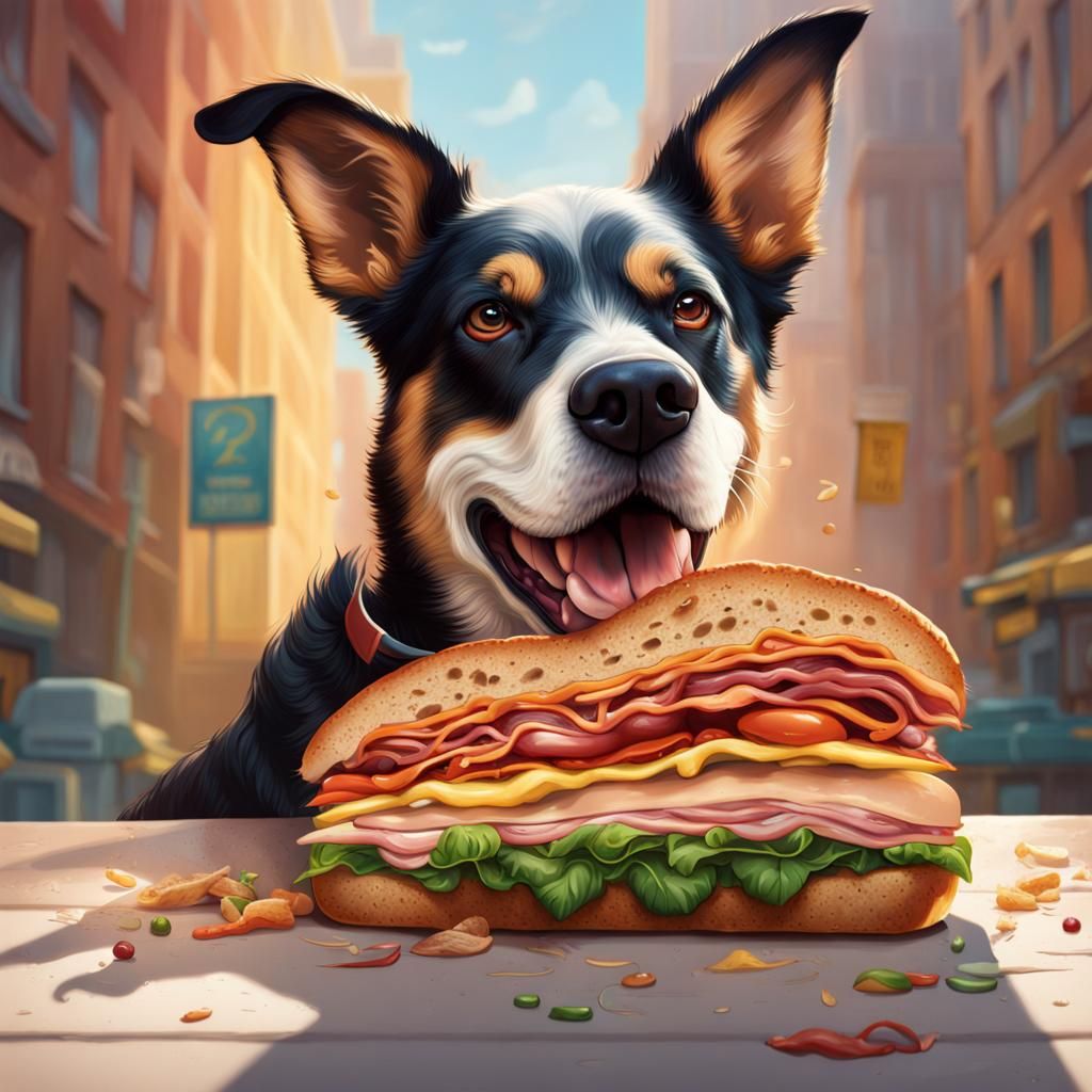 Hyperrealistic Dog Enjoying a Giant Sandwich
