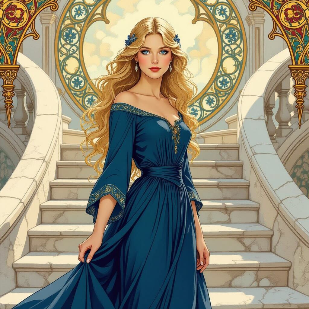 Medieval Woman in Flowing Dress, Art Nouveau Style