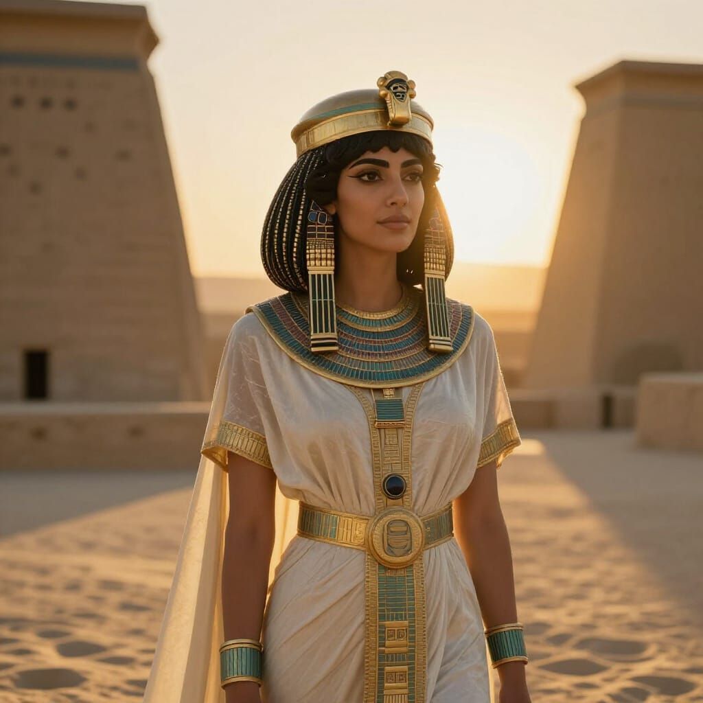 Sumerian Queen in Royal Attire, Golden Hour Glow