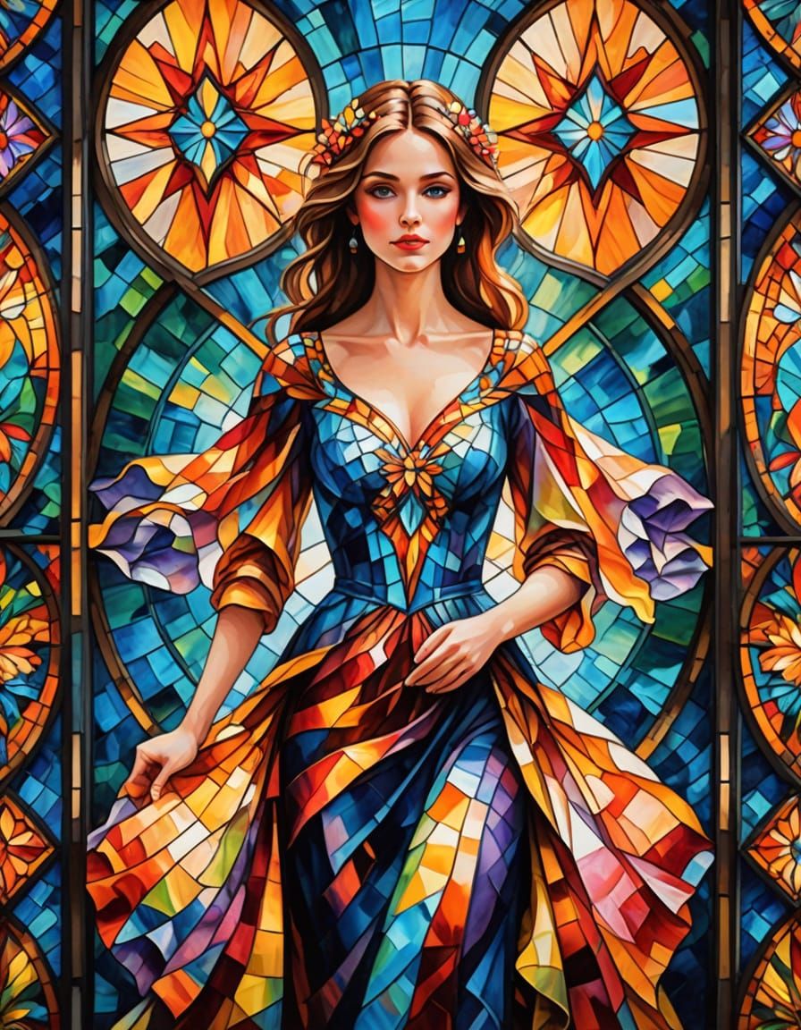 Surreal Stained Glass Gown in Vibrant Oil Painting Style